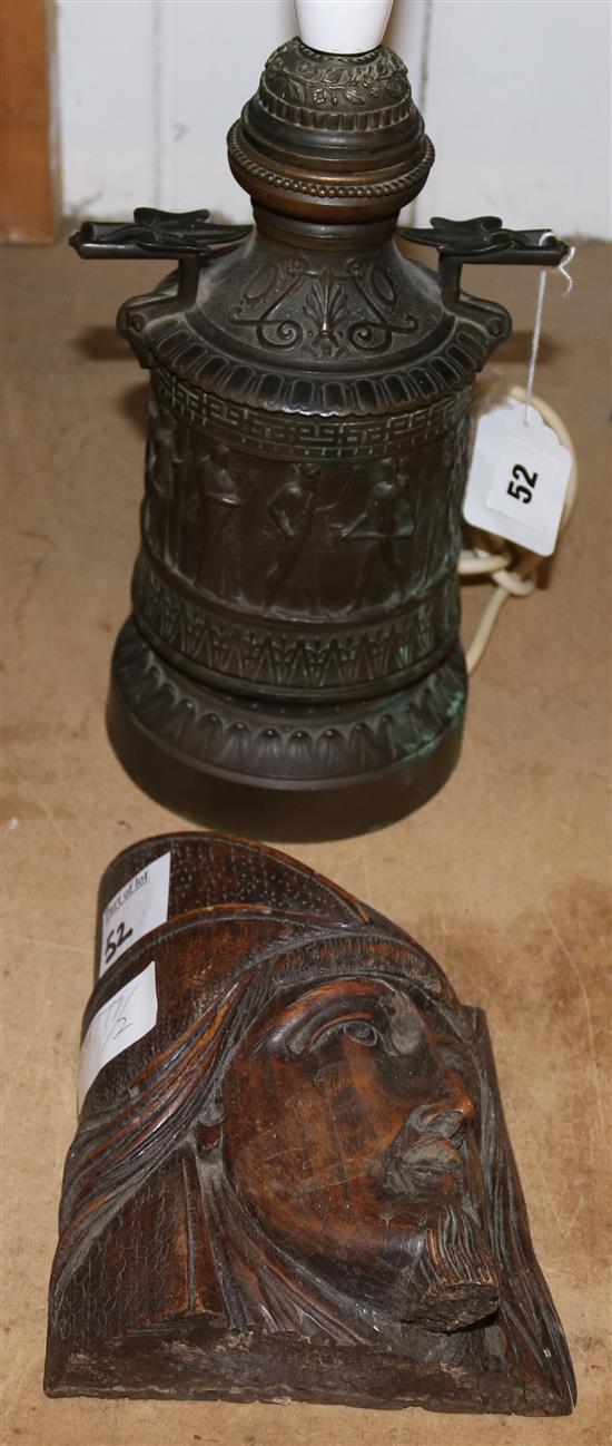 Carved wood head & bronze lamp base